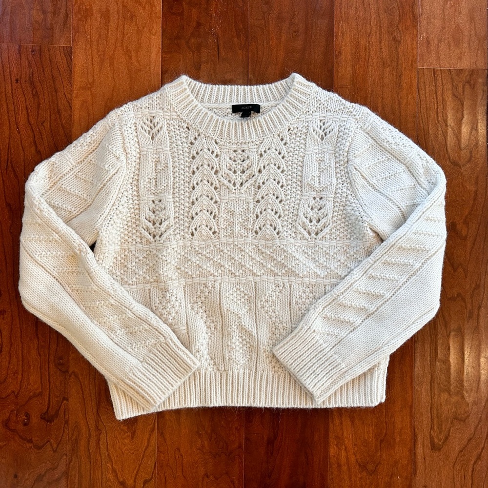 J.Crew Patterned Wool Sweater, White, Size M